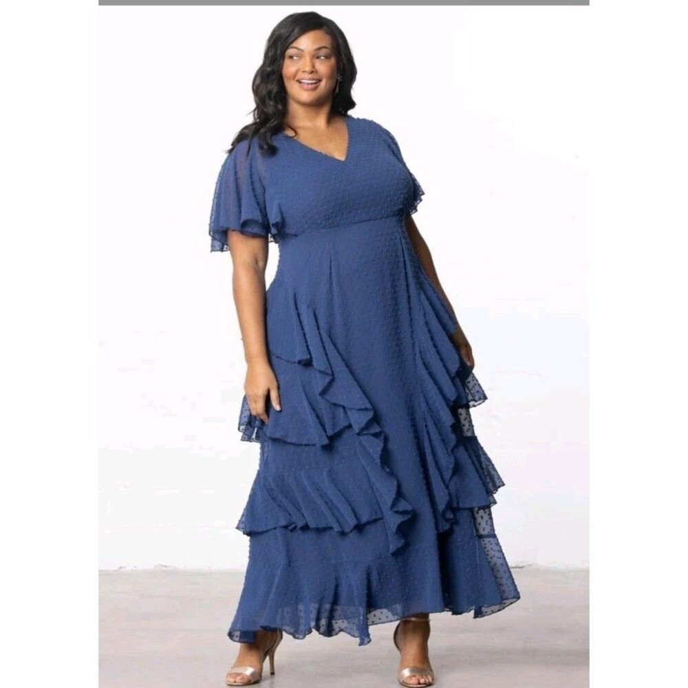 Kiyonna Tour de Flounce Chiffon Evening Gown Dress Plus Size 2X Denim Blue Dot